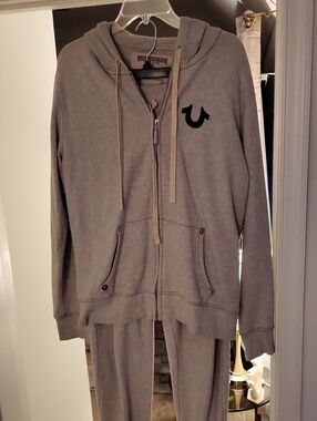 True Religion Light Gray Zip-Up Hoodie with Horseshoe Logo Mens Lg